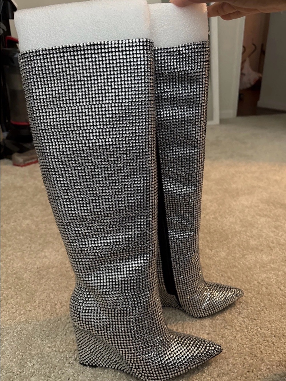 Gianni Bini Women's Silver Rhinestone Embellished Knee-High Wedge Boots